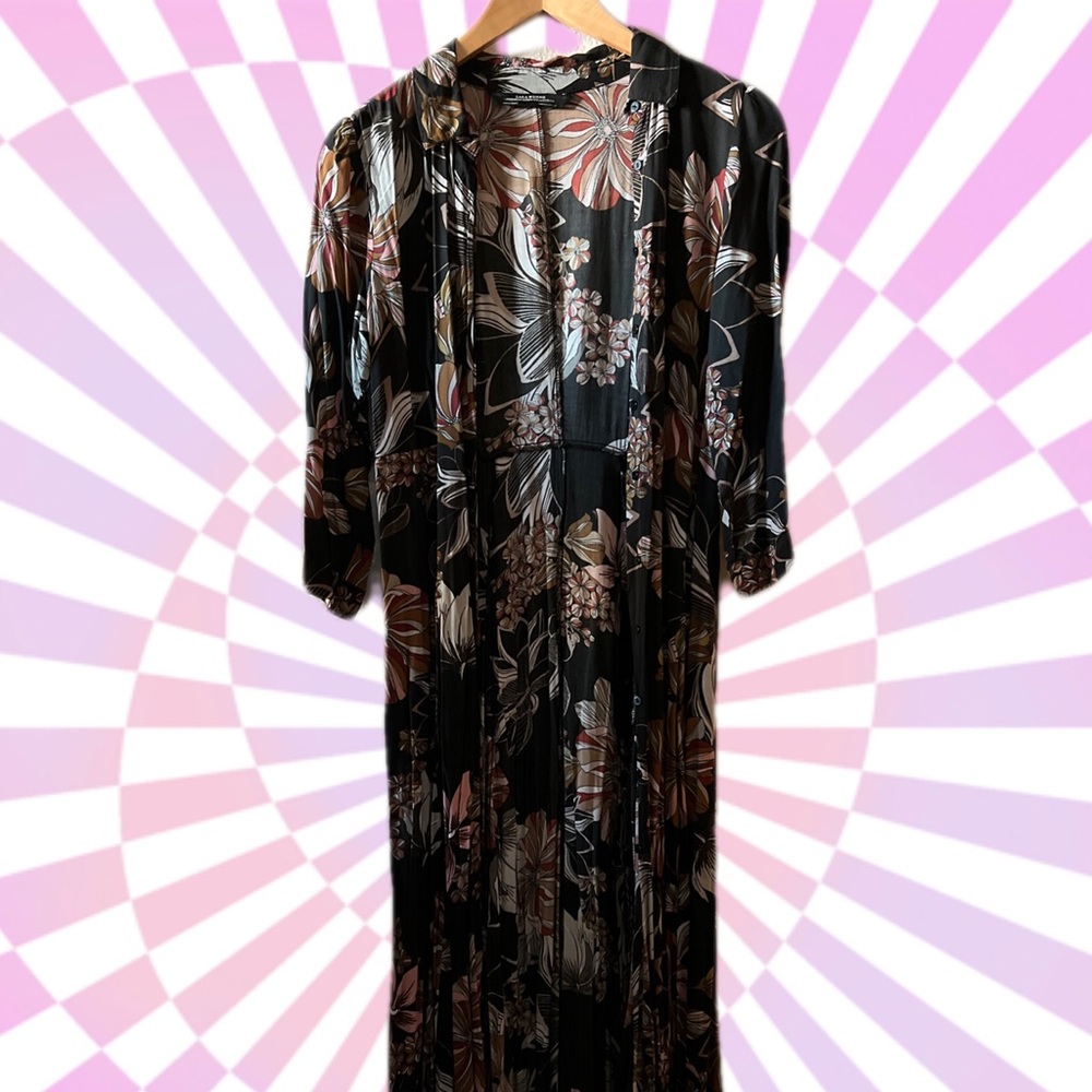 Zara floral mid to long sleeve maxi dress with front button up closure.